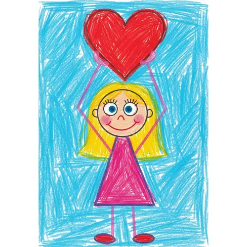Child's Drawing of Girl Raising Heart | Colorful & Joyful Art
