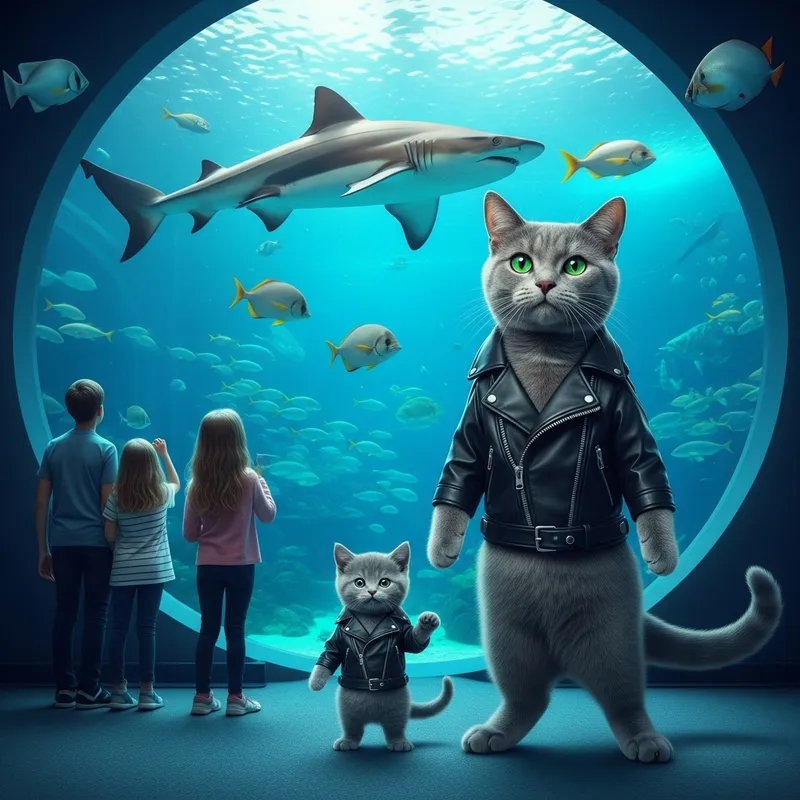 Realistic Grey Cat and Kitten in Oceanarium with Green Eyes