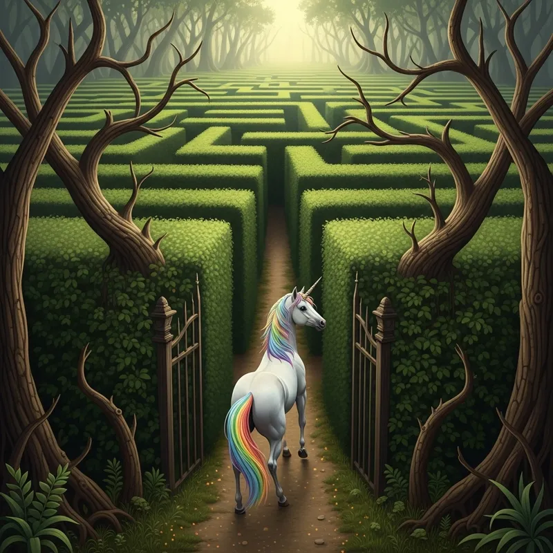 Enigmatic Forest Maze: Sparkle the White Unicorn's Mystical Journey