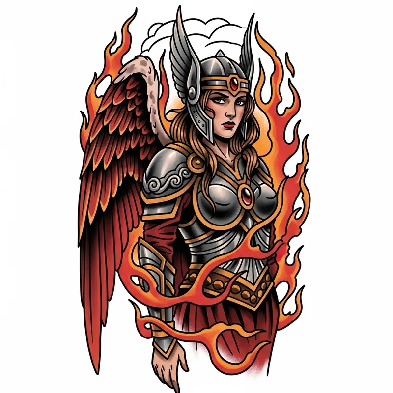 Valkyrie Tattoo with Single Wing and Flames Valkyrie Tattoo with Single Wing and Flames