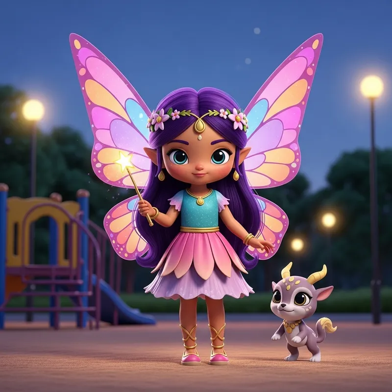 Kawaii South Asian Fairy with Vibrant Hair and Magical Wand