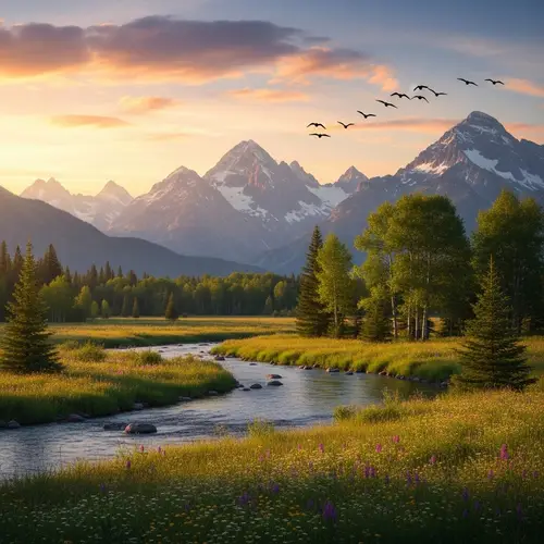 Tranquil Landscape with Majestic Mountains and Meandering River