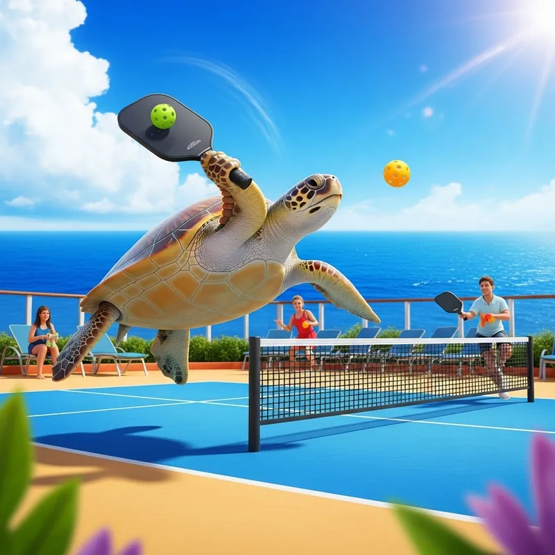 Whimsical Sea Turtle playing Pickleball on Beach Court