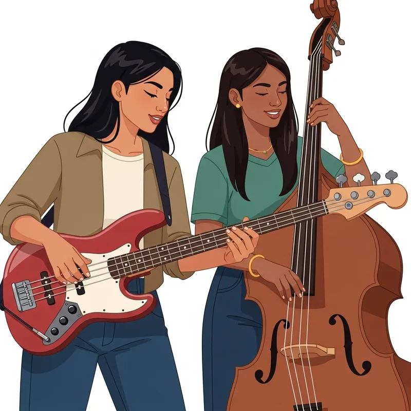 Cartoon Women Playing Electric and Upright Bass