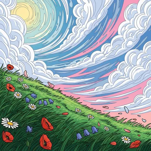 Vibrant Hill: Lush Grass, Blooming Flowers & Wind Touch
