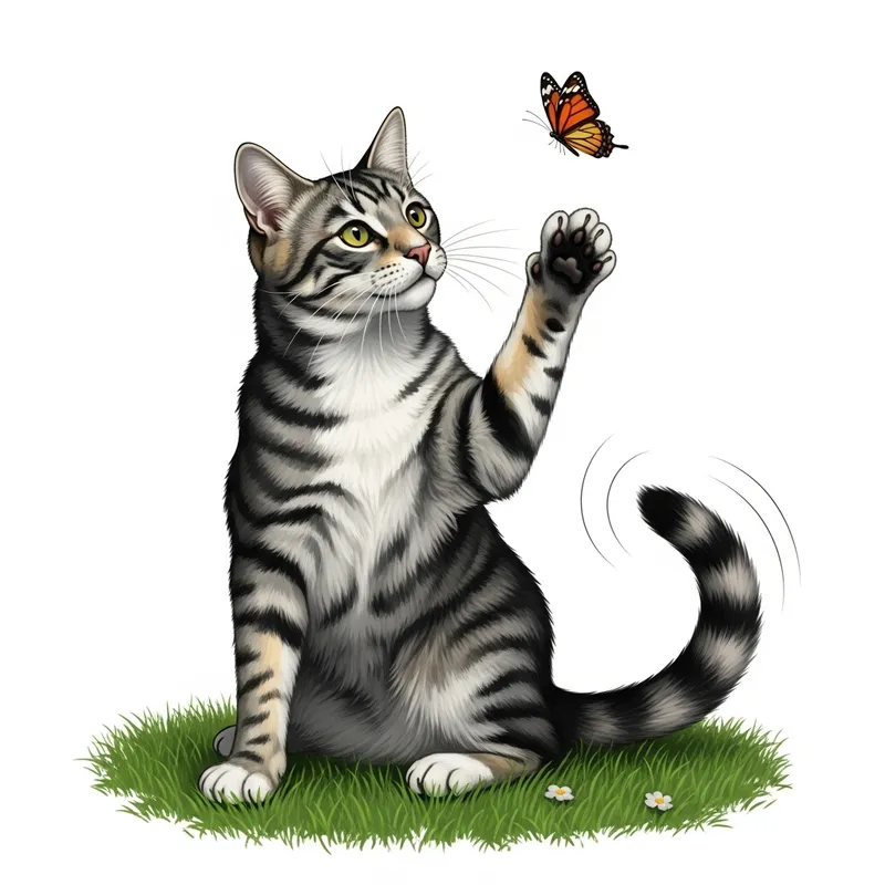 Cat-Dog Hybrid on Green Lawn with Butterfly