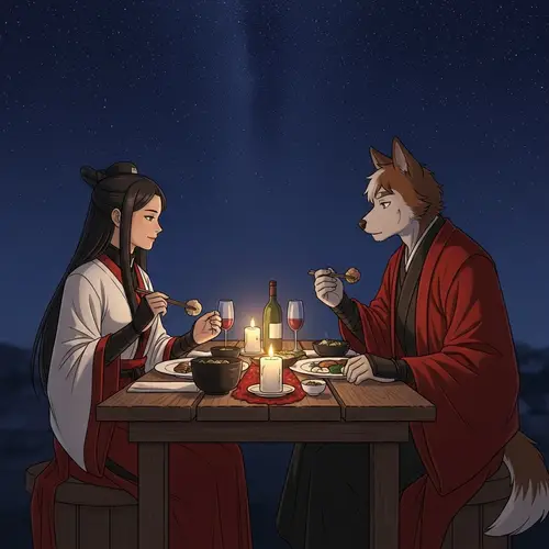 Romantic Dinner of Kikyo and Inuyasha under Starry Night Sky
