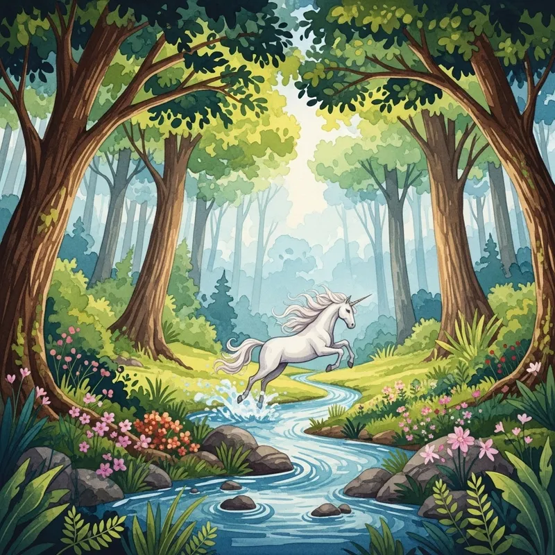 Magical Watercolor Painting: Mystical Forest & Graceful Unicorn