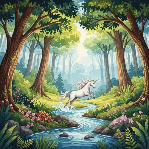Enchanting Watercolor Painting of a Mystical Forest and a Graceful Unicorn