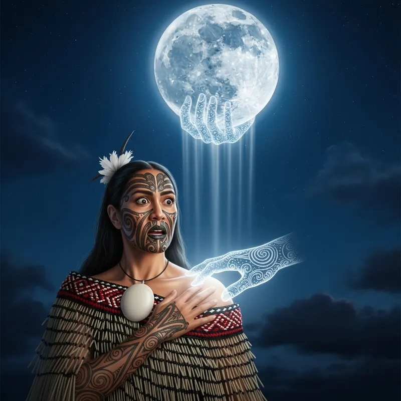 Maori Woman Captivated by Moonlight in Traditional Garb Maori Woman Captivated by Moonlight in Traditional Garb