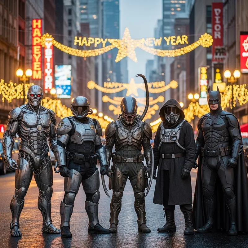 Iconic Characters in Futuristic New Year City Celebration Iconic Characters in Futuristic New Year City Celebration