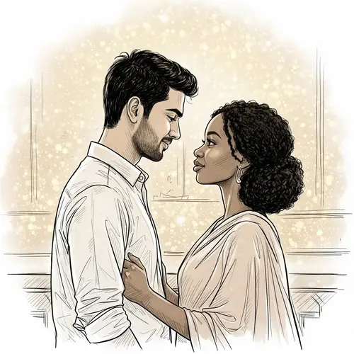 Romantic Sketch of South Asian Man and Black Woman in Dazzling Setting