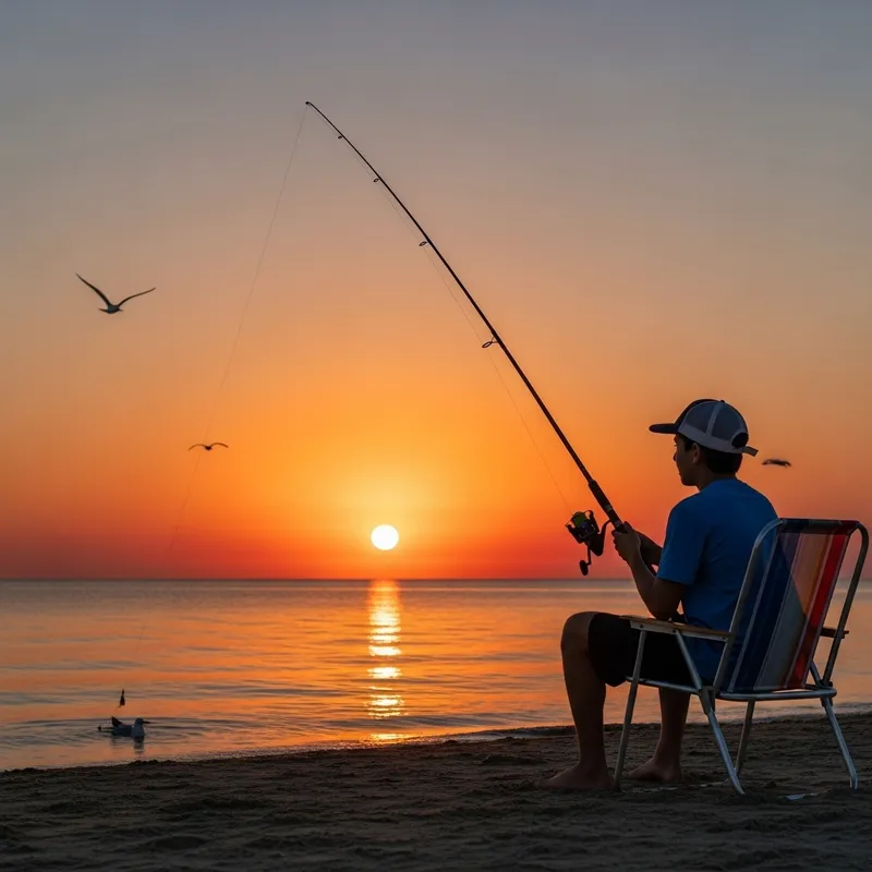 Tranquil Beach Fishing Scene with Hispanic Boy | Sunset View