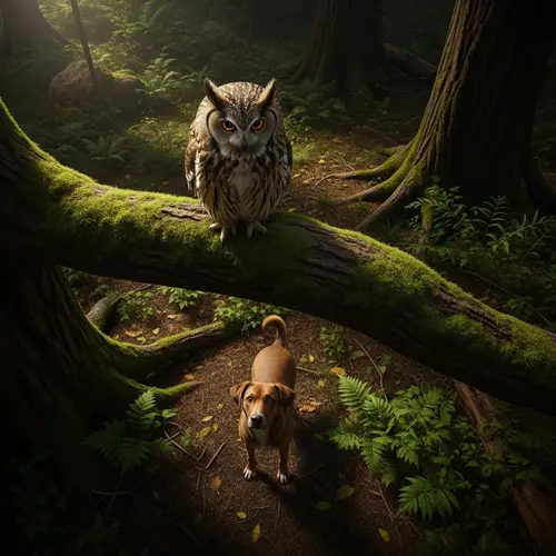 Grumpy Owl Watching Lost Dog in Dark Forest