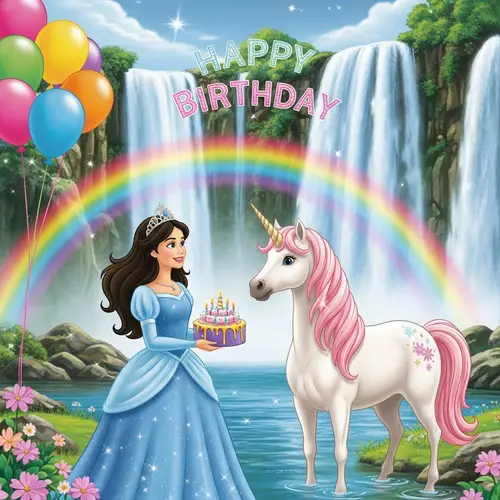 Joyful Princess Birthday Celebration with Unicorn by Waterfall