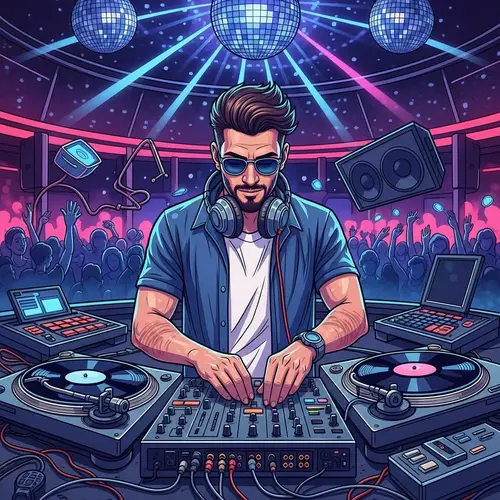 Vibrant DJ Mixing Illustration in Neon Color Scheme