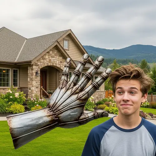 Suburban House with Playful Giant Hand and Teenage Boy Scene