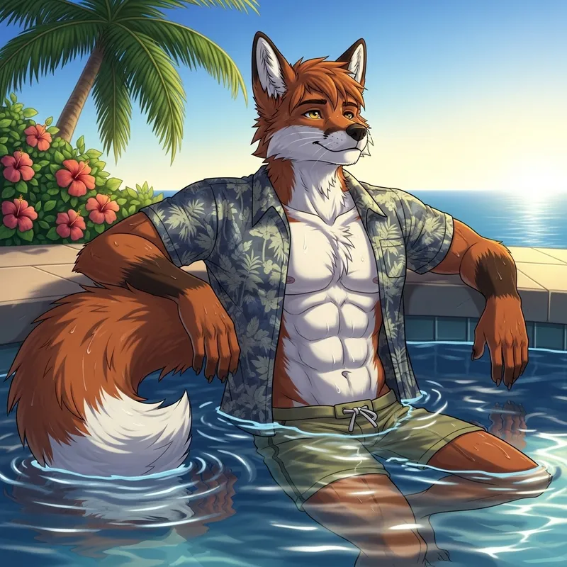 Anthropomorphic Fox Demi-Human Lounging by Pool in Stylish Attire Anthropomorphic Fox Demi-Human Lounging by Pool in Stylish Attire