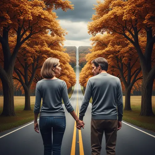 Emotional Portrait of a Middle-Aged Couple on a Fall Road