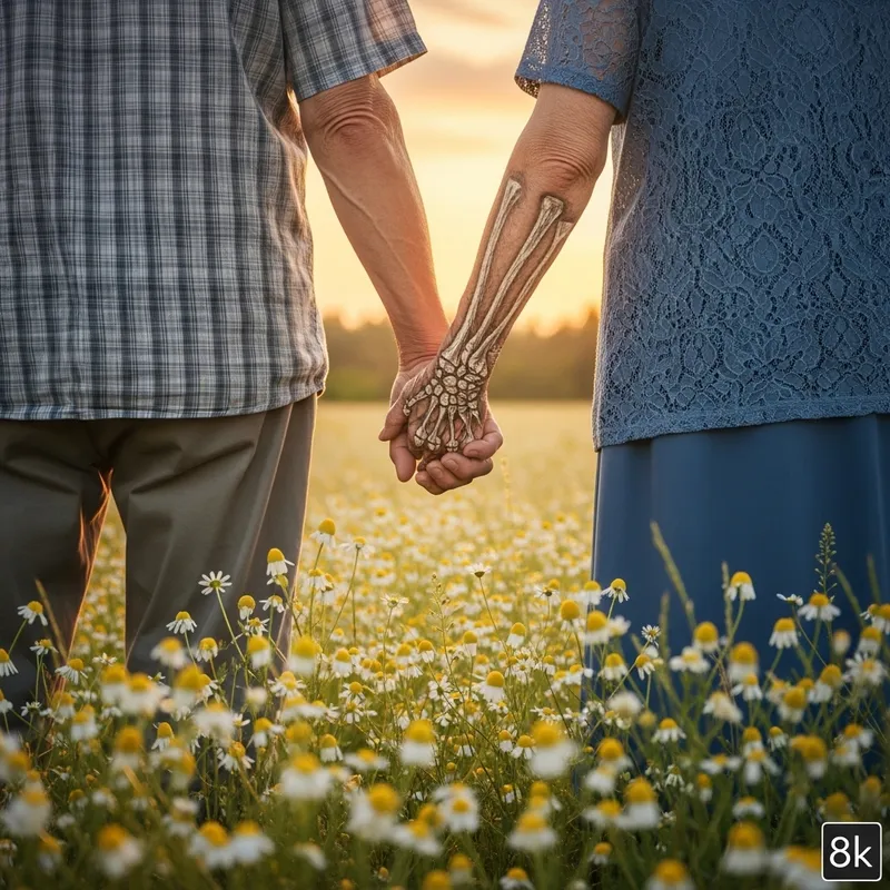 Hyper-realistic Elderly Grandparents Walking in Chamomile Field | Tranquil Summer Scene