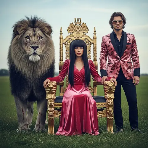Majestic Alpha and Enchanting Lioness in Rose-Red Velvet Attire