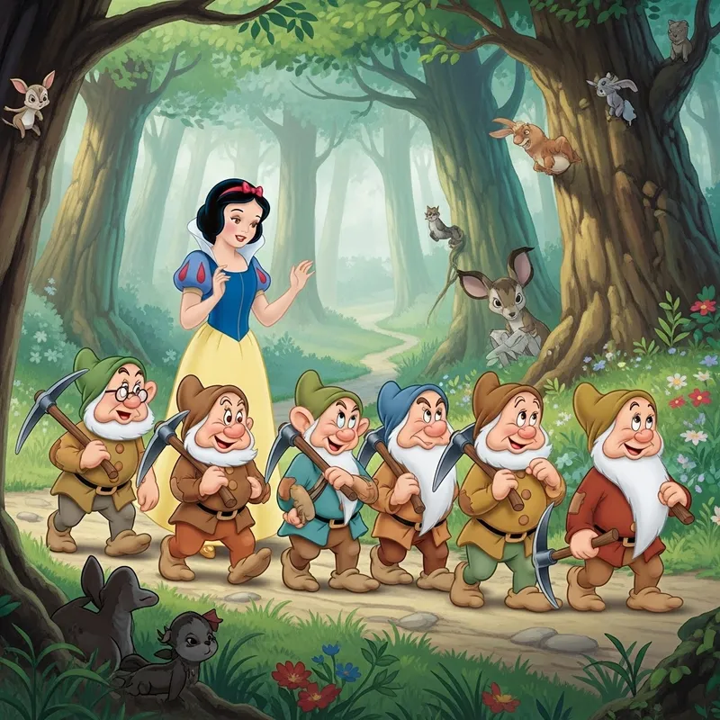 Snow White and the Seven Dwarfs in Magical Setting