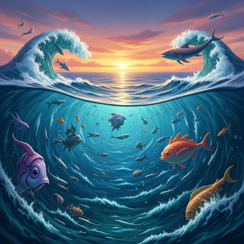 Abstract Ocean Adventure: Mesmerizing Sea Vortexes & Fantastical Creatures