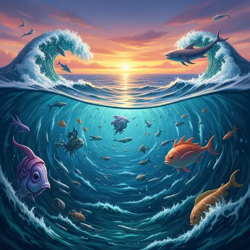 Abstract Ocean Adventure with Fantastical Sea Creatures