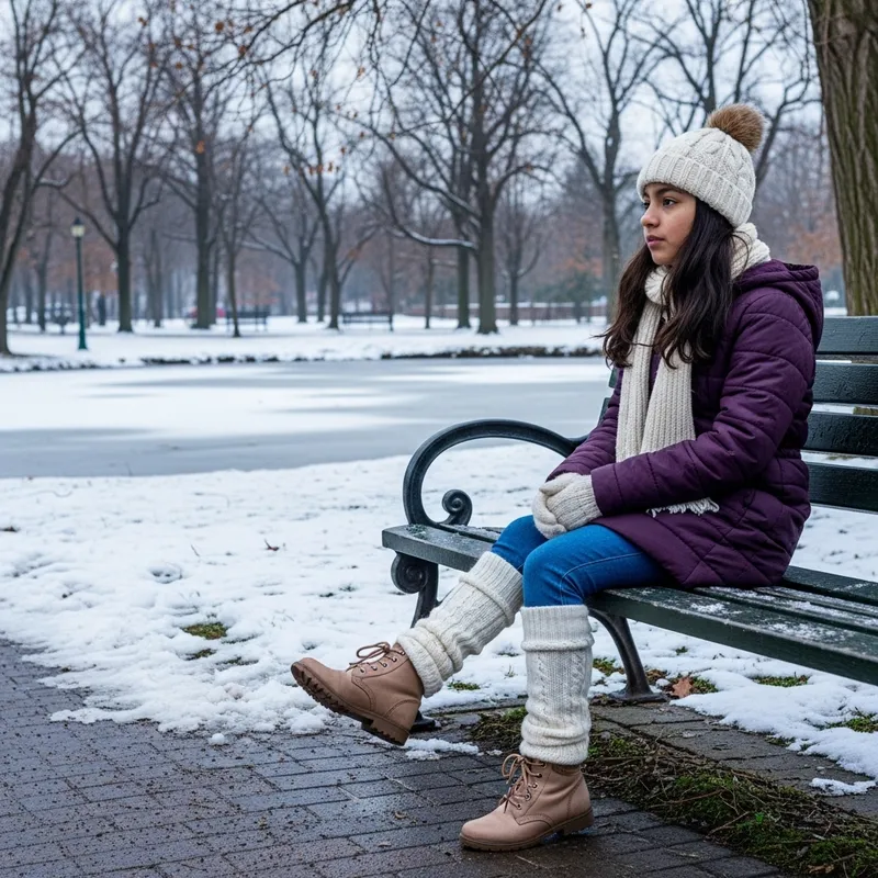 Chic Girl on Bench in Winter Park Scene