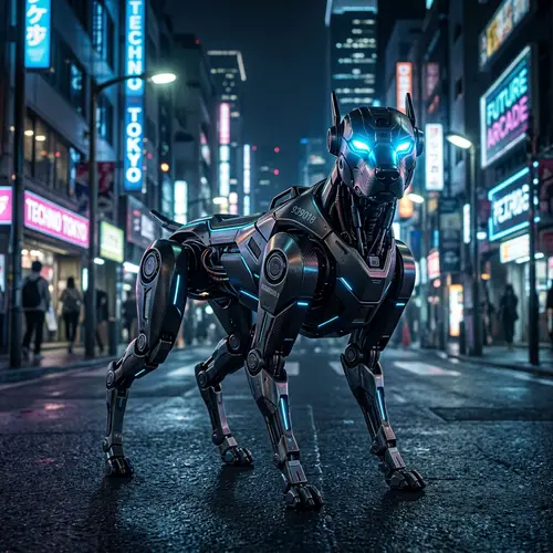 Sleek Robotic Dog with Neon Glowing Eyes