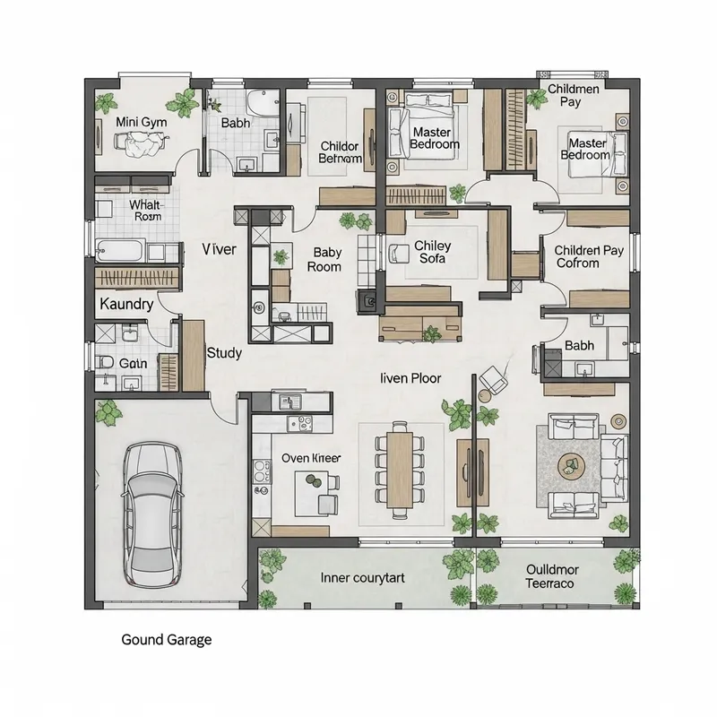Spacious Two-Story House with Garage, Open Kitchen, Gym, and Kids Rooms