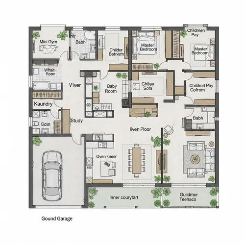 Modern Two-Story House Design with Garage, Open Kitchen, Gym, and Kids Rooms