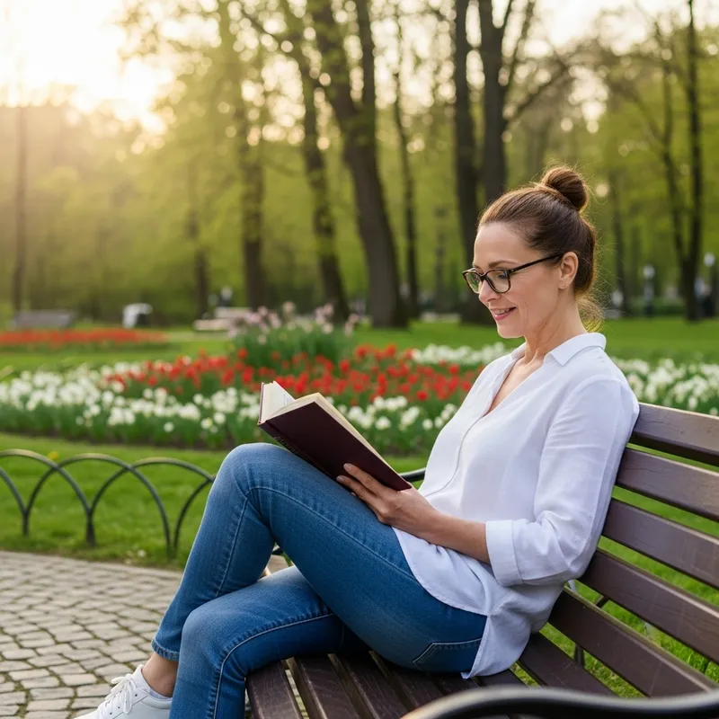 Middle-aged Woman Reading Book in Park Middle-aged Woman Reading Book in Park
