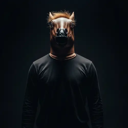 Twisted Horse Mask Man in Shadowy Setting