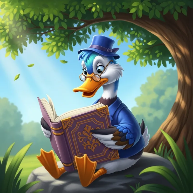 Cute Duck Reading Book in Serene Setting Cute Duck Reading Book in Serene Setting