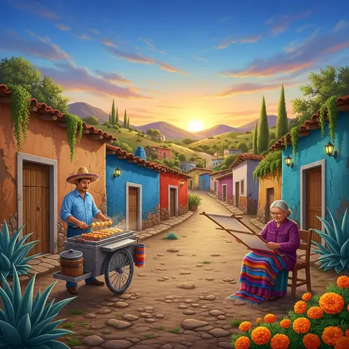 Traditional Mexican Village Scene with Elotes Grill and Blanket Weaving