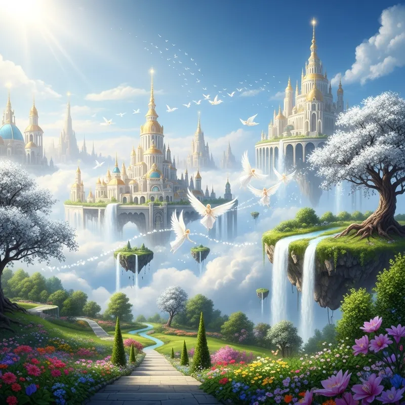 Ethereal Heaven: Angelic Cityscape & Lush Gardens