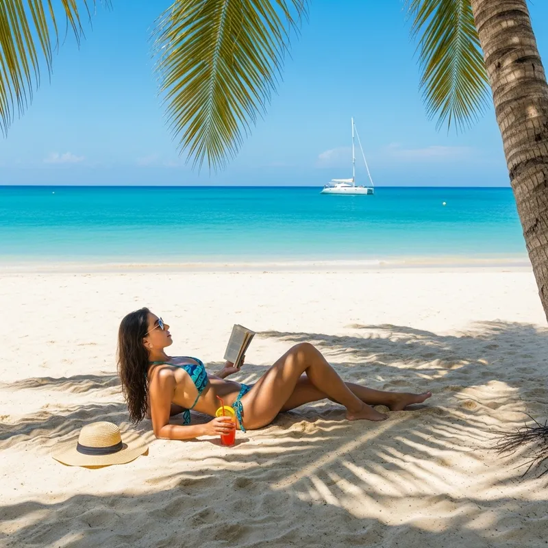 Hispanic Woman in Stylish Bikini Relaxing on a Serene Beach