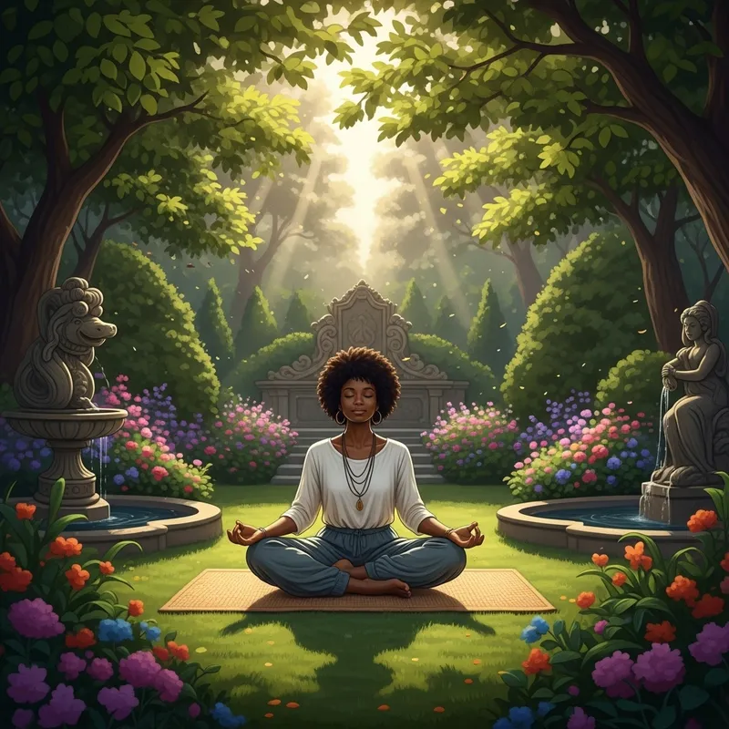 Tranquil Morning Meditation in Serene Garden with Black Woman Practicing
