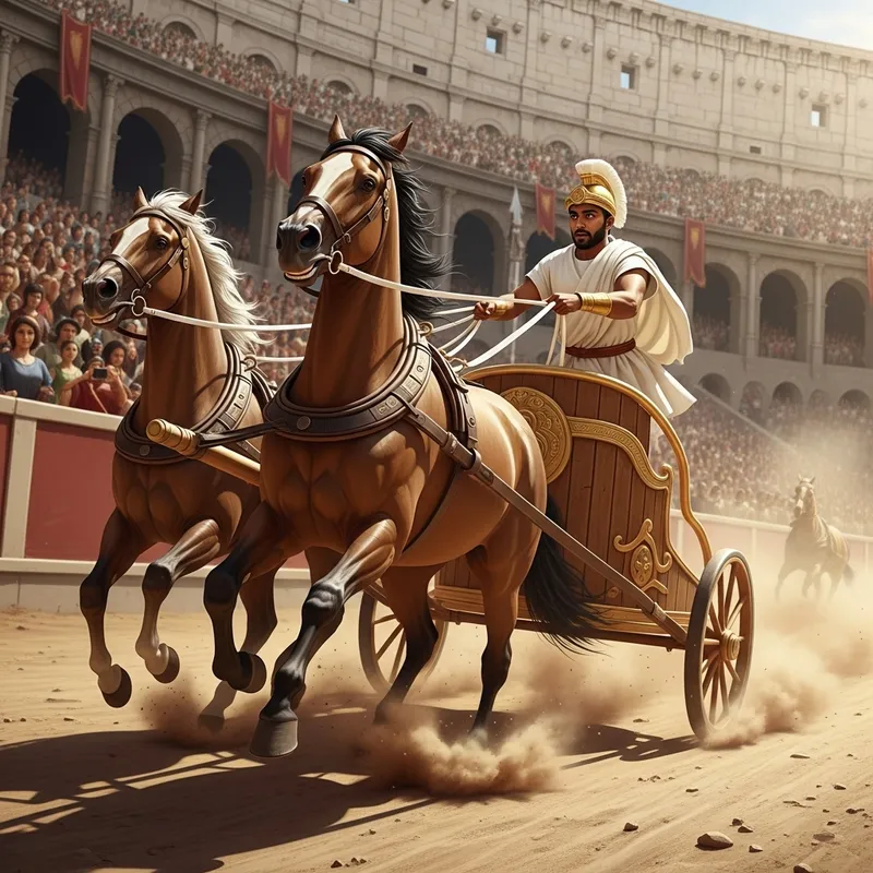 Rush of Wooden Chariot Racing in Ancient Roman Style