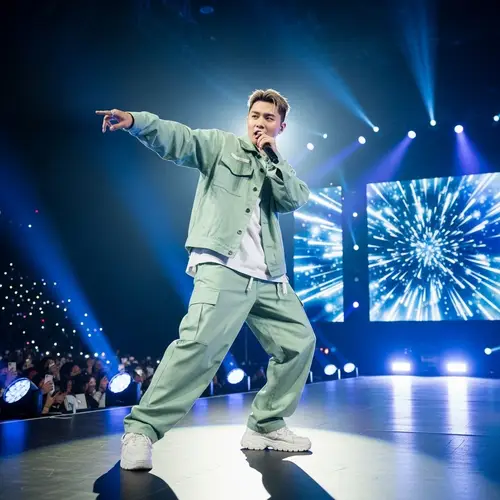 Handsome Korean Idol in Mint Green Hip-hop Performance Outfit