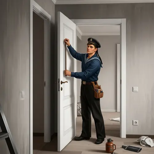 Vintage Russian Builder Installing Interior Door in Modern Apartment