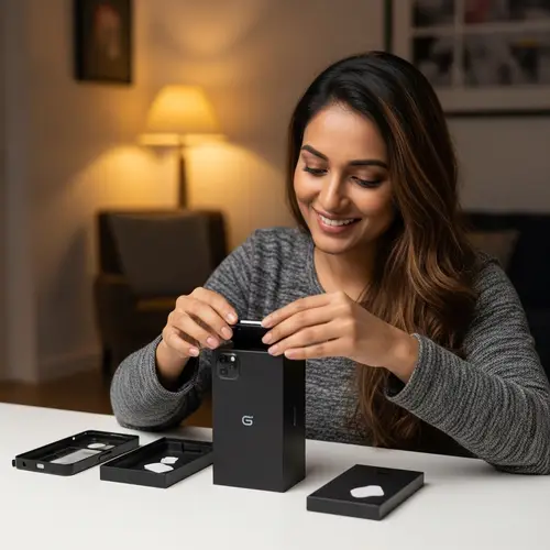 Joyful South Asian Woman Unboxing Modern Mobile Phone