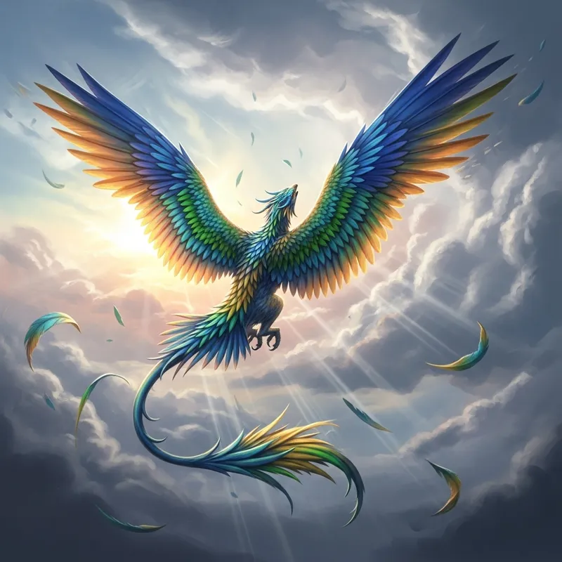 Vibrant Feathered Mystical Creature Soaring in Cloudy Sky