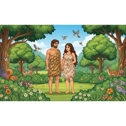 Adam and Eve in Lush Garden: Serene Conversation Amidst Wildlife