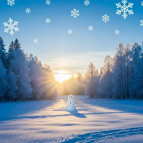 Pristine Snowy Meadow at Dawn - Frosty Forest & Robust Snowman