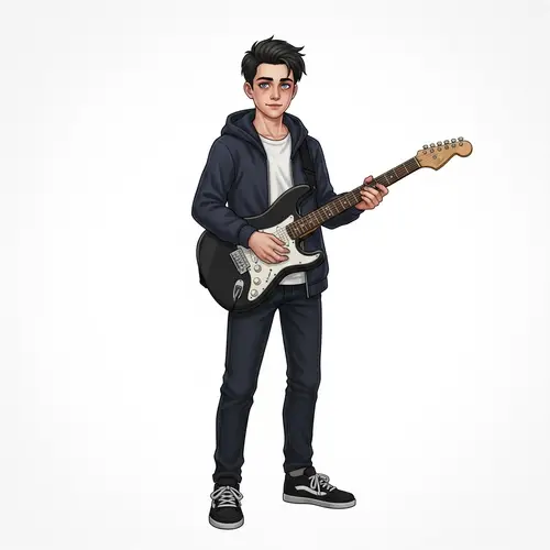 Caucasian Male Teenager Guitarist with Striking Blue Eyes
