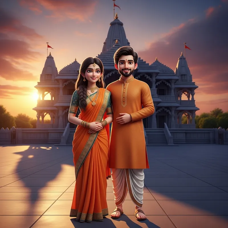 24-Year-Old Indian Couple in Traditional Attire | Temple Sunset 3D Illustration
