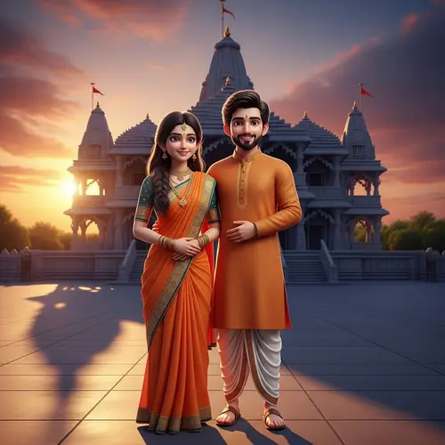Indian Couple in Traditional Attire at Sunset | 3D Illustration