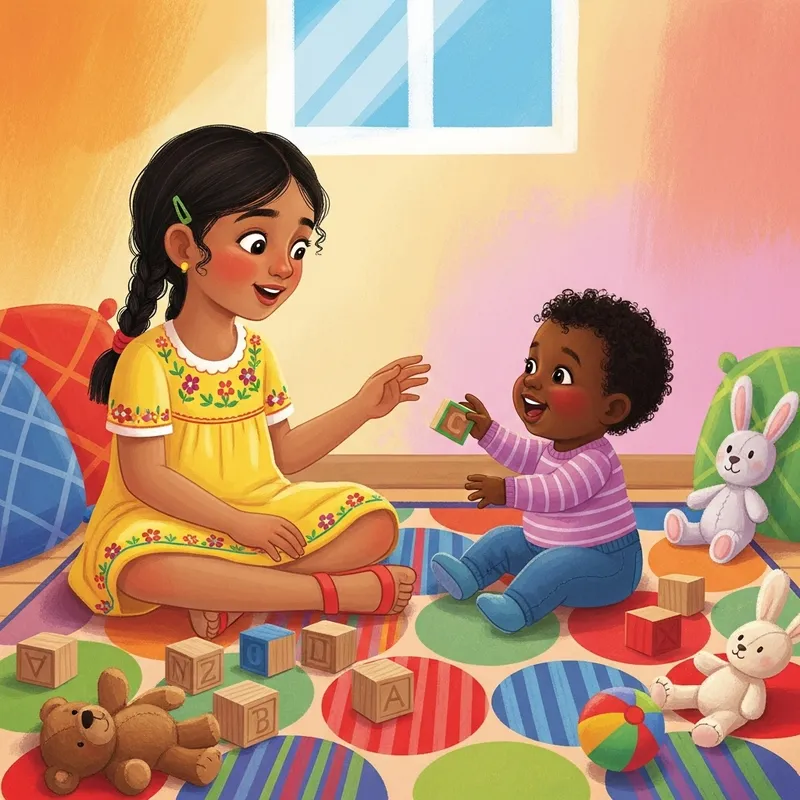 Sister Playing with Child on Colorful Carpet in Children's Book Style